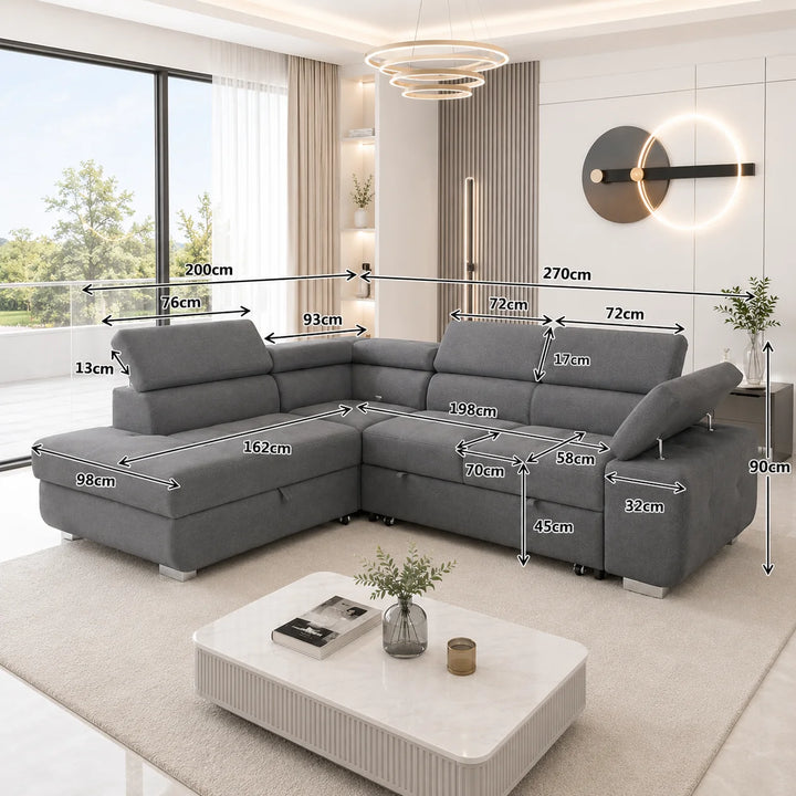 ARTIC Corner Sofa Bed with Storage & USB – Pull-Out Double Bed, Adjustable Headrests