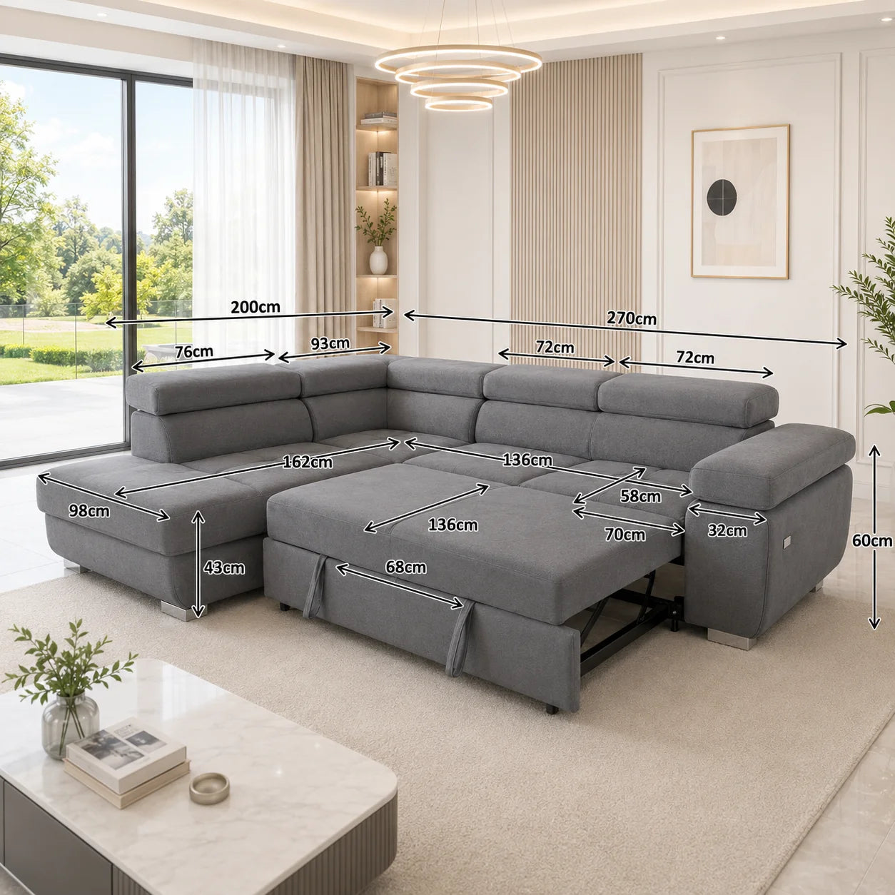 ARTIC Corner Sofa Bed with Storage & USB – Pull-Out Double Bed, Adjustable Headrests
