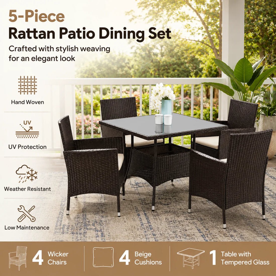 5-Piece Rattan Patio Dining Set – Brown Wicker Chairs & Glass-Top Table – Outdoor Garden Furniture for 4