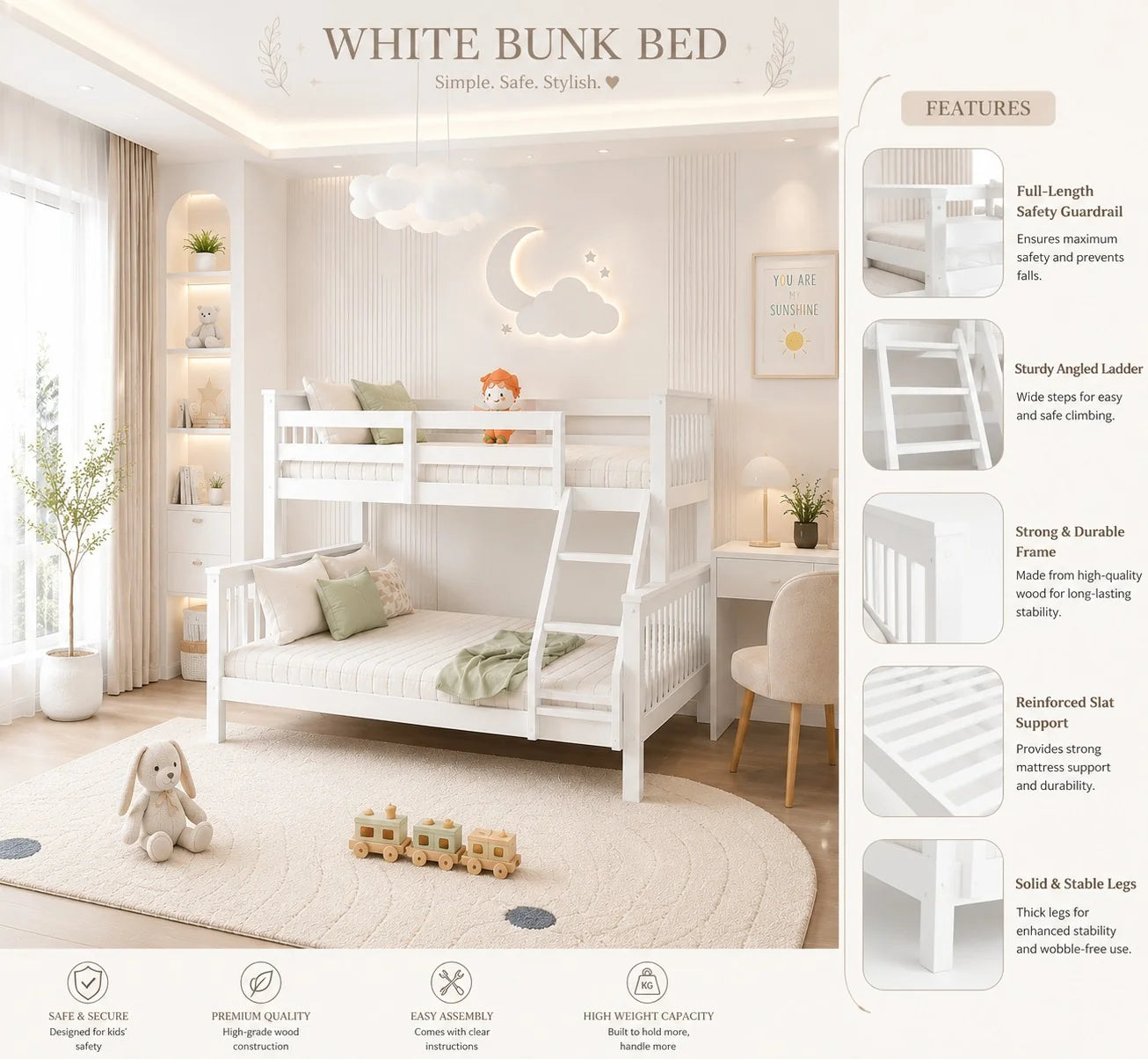 Lily Wooden Trio Bunk Bed with Guest bed – Space-Saving Solid Pine Frame – Optional Storage Drawers