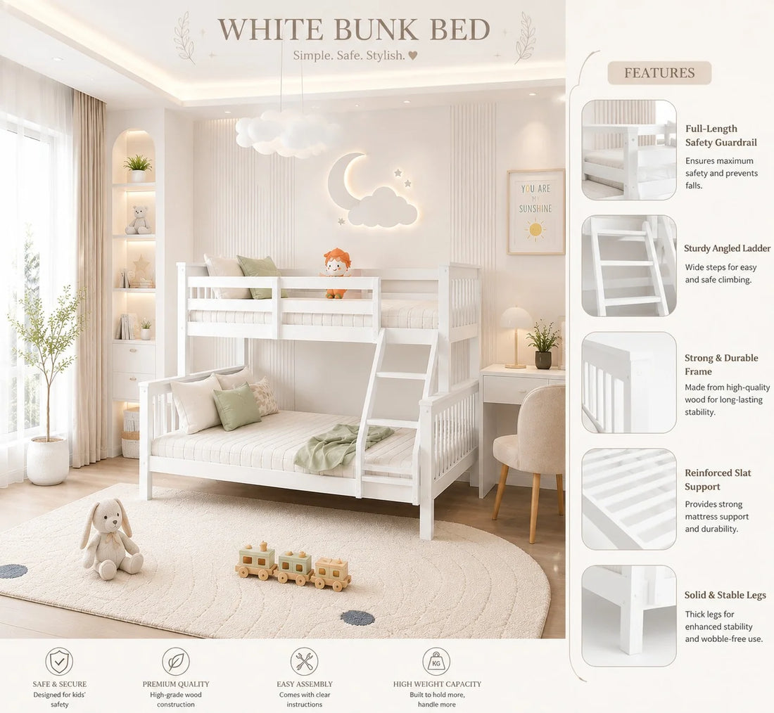 Lily Wooden Trio Bunk Bed with Guest bed – Space-Saving Solid Pine Frame – Optional Storage Drawers