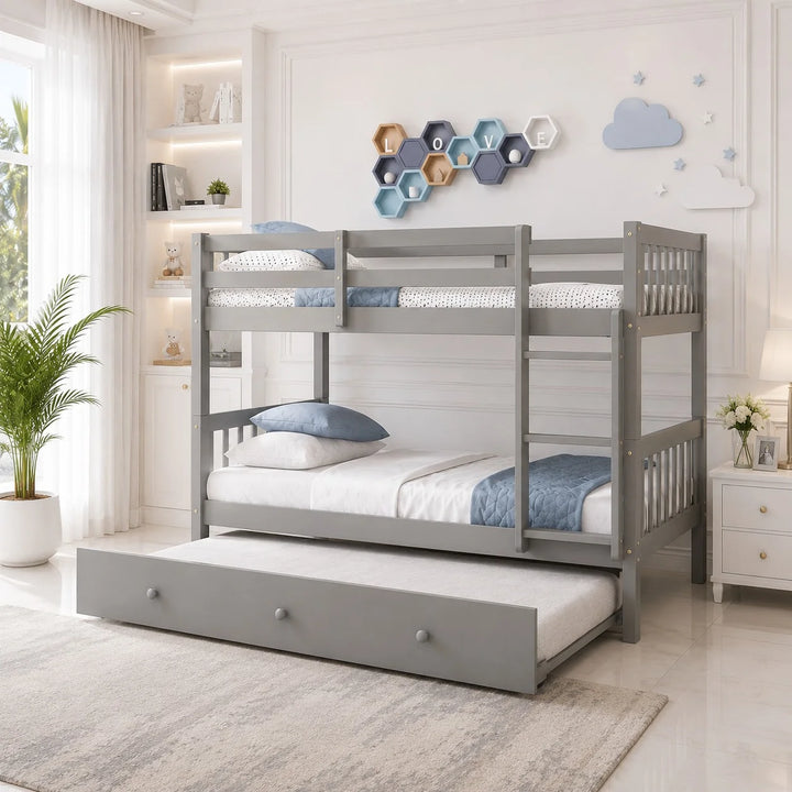 Lily Wooden Trio Bunk Bed with Guest bed – Space-Saving Solid Pine Frame – Optional Storage Drawers