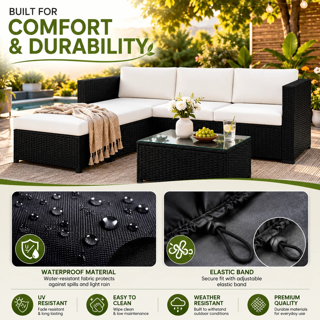 4-Seater Rattan Corner Sofa Set with Glass Coffee Table – Outdoor Garden Patio Furniture
